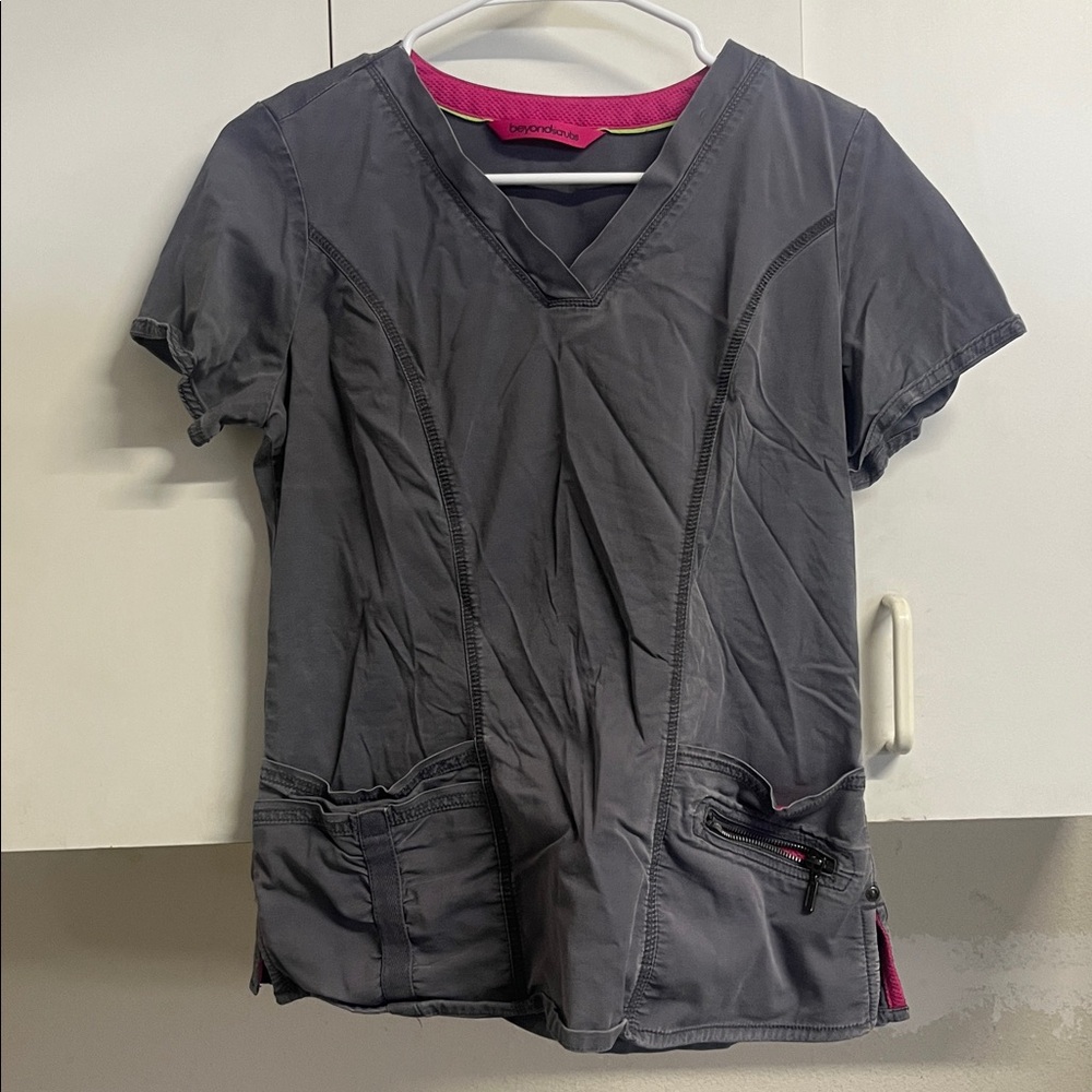 Gray Scrub Top/Pants with Pink Accents